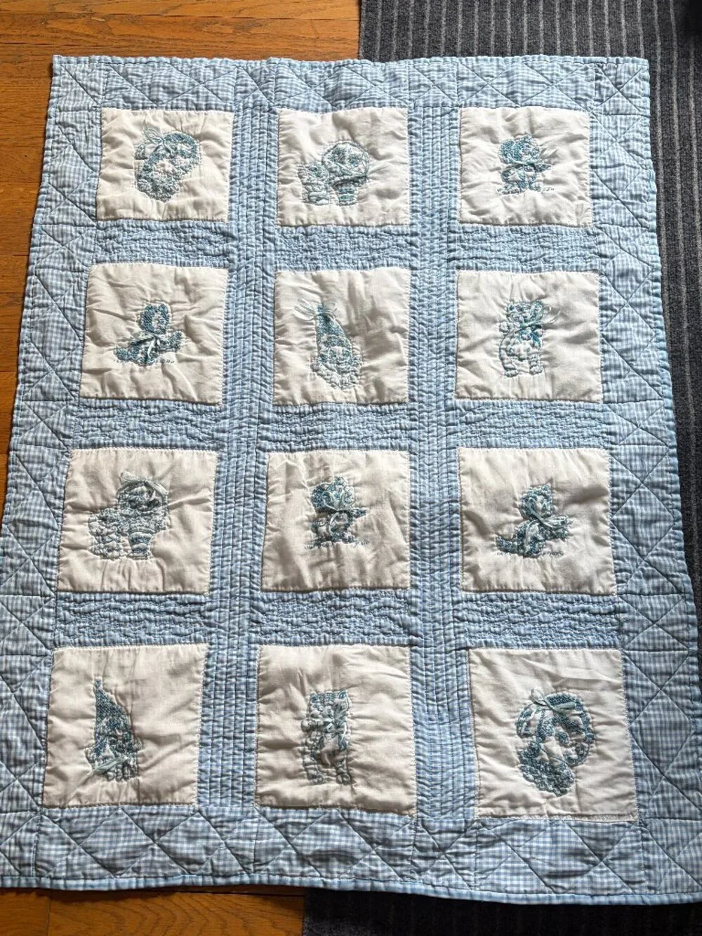 Baby Quilt Vintage Handmade Cross Stitched Hand Stitched 34” x 44” Vintage